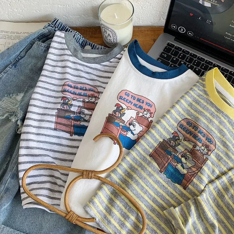 Boys T-shirt 2026 Spring Autumn Children's Cartoon Printed Pullover Long Sleeve Toddler Bottom Stripe Baby Tees Clothing