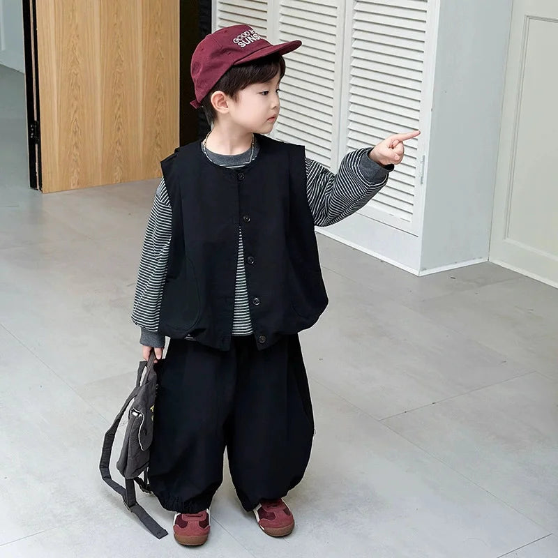 Boys' Fashion Set Spring Girls' Suit Children's Striped Top Vest  Trousers 3Pcs New Kids Casual Loose Outfits Autumn Clothing