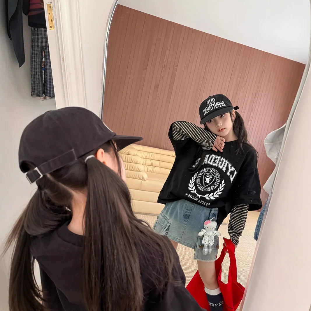 Childrens Top Fake Two Piece T-shirt 2025 Autumn New Loose Oversized Long Sleeved Striped Contrasting Top Fashionable Daily Wear